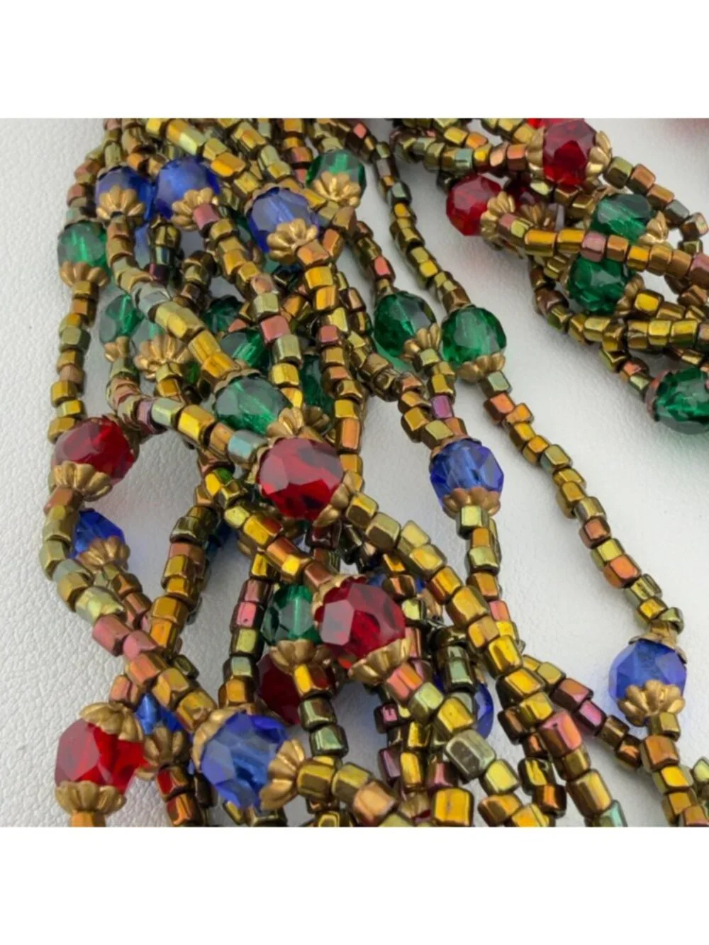 Multicolor Glass Beaded Layered Long Necklace Faceted Metallic 28